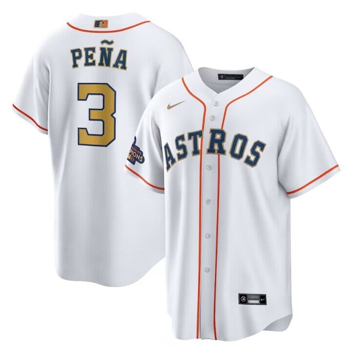 Men's Houston Astros #3 Jeremy Peña White 2023 Gold Collection With World Serise Champions Patch Cool Base Stitched Baseball Jersey Men's Houston Astros #3 Jeremy Peña White 2023 Gold Collection With World Serise Champions Patch Cool Base Stitched Baseball Jersey